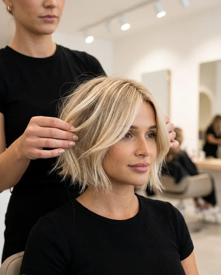 Blonde bob being styled